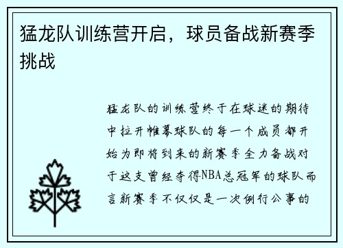 猛龙队训练营开启，球员备战新赛季挑战
